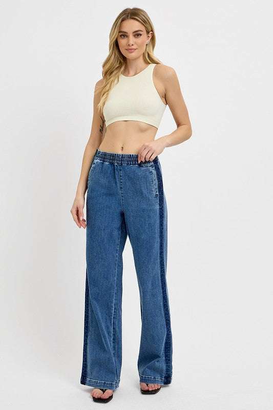 RISEN Full Size Elastic Waist Wide Leg Jeans Plus Size on model.