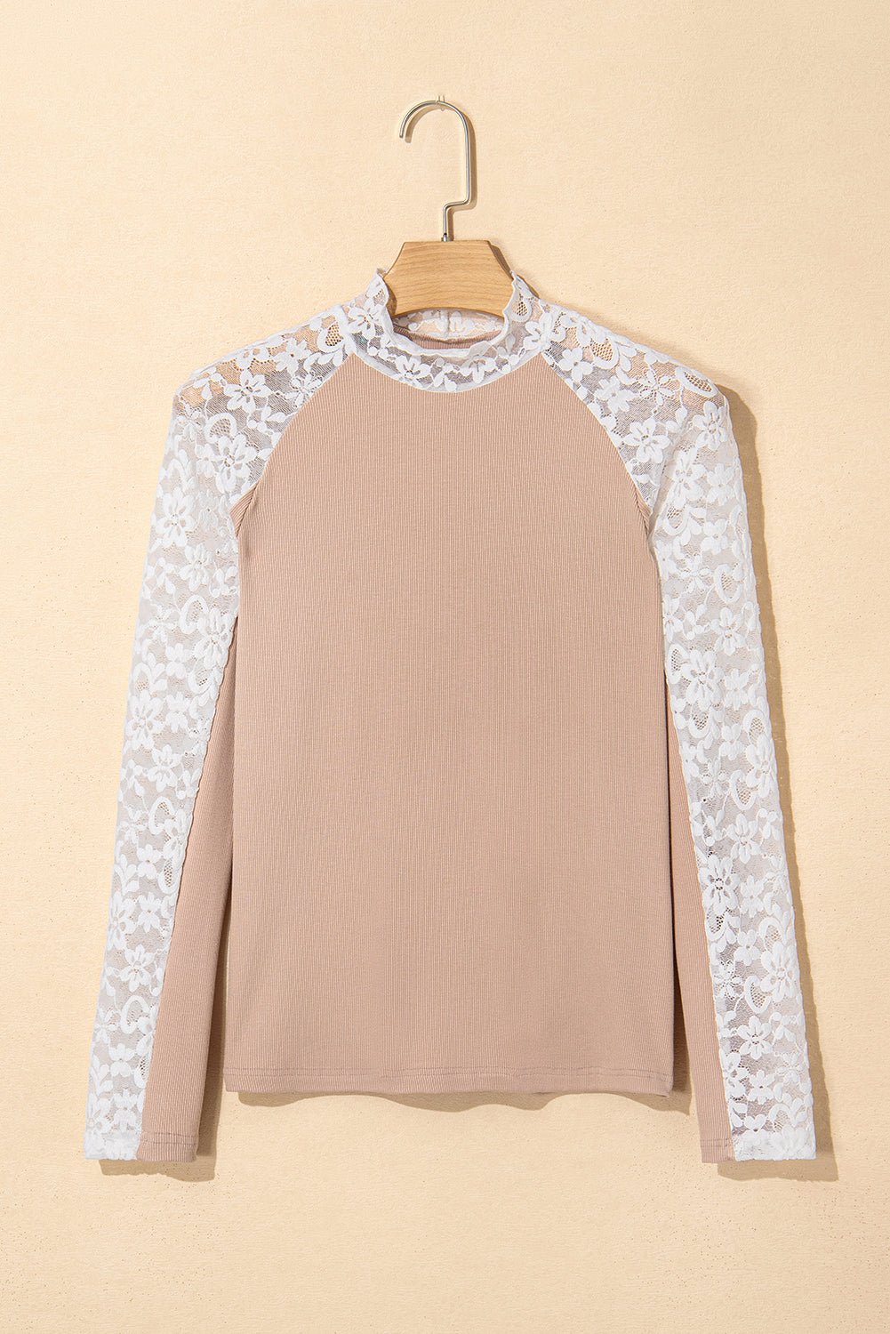 Smoke Gray Floral Lace Patchwork Long Sleeve High Neck Slim Top