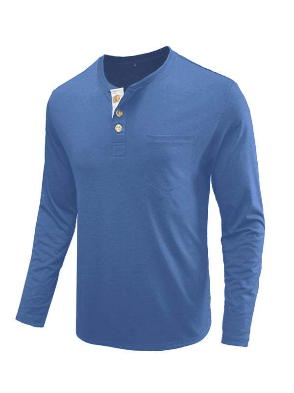 Men's blue long-sleeved solid color t-shirt with round neck and button detail.