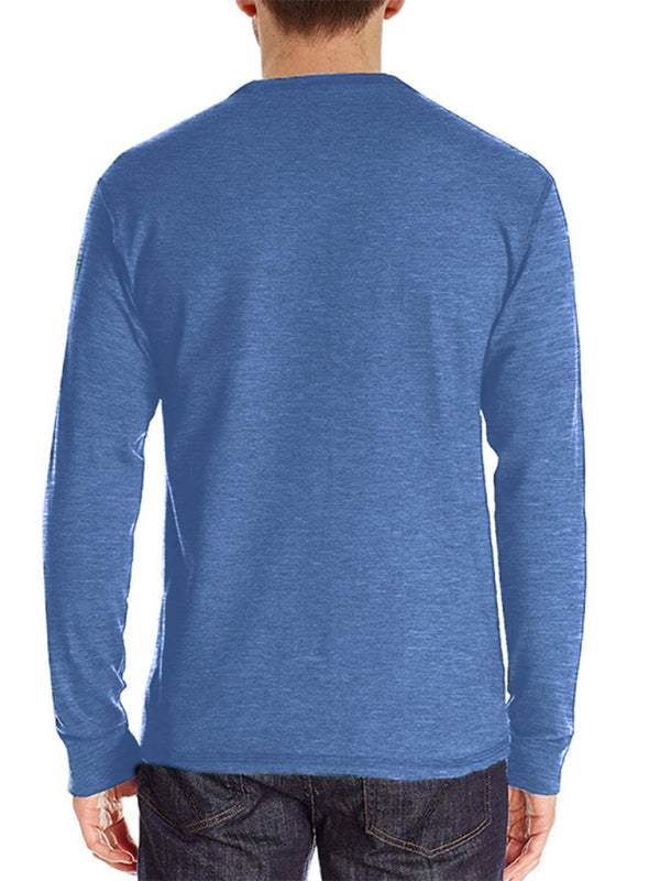 Men's blue long-sleeved t-shirt, solid color, round neck, polyester blend, casual autumn-winter wear.