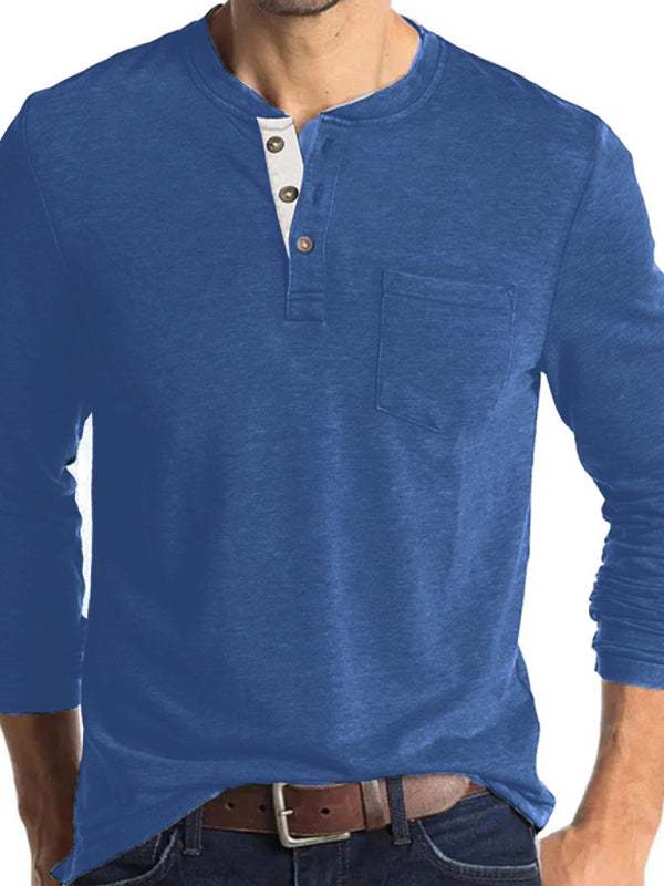Men's long-sleeved solid color t-shirt with round neck and pocket.