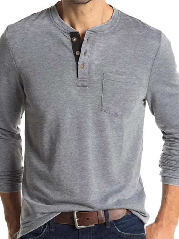 Men's grey long-sleeved solid color t-shirt with round neck and pocket, made from polyester and spandex.