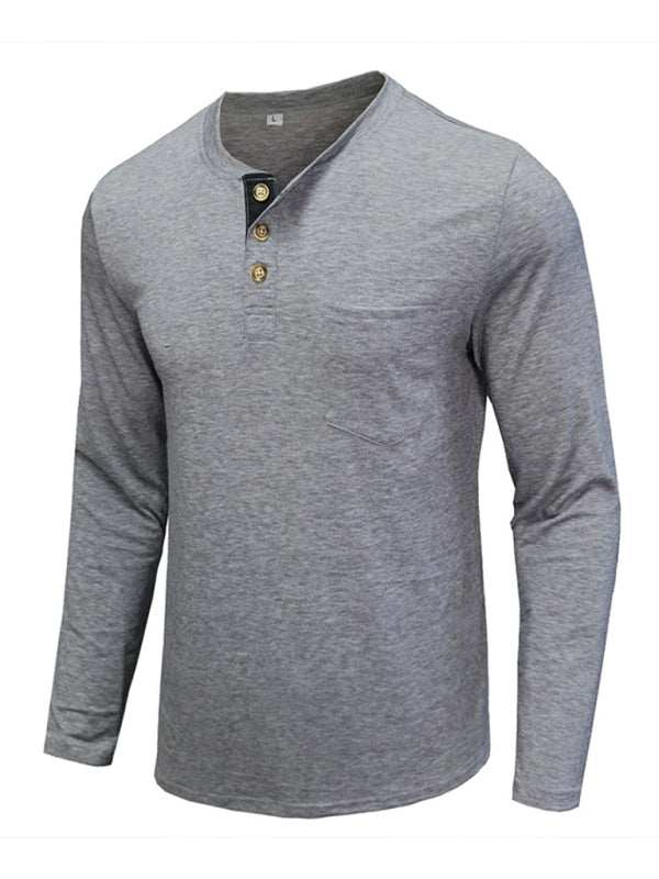 Men's long-sleeved solid color t-shirt with round neck and welt pocket.