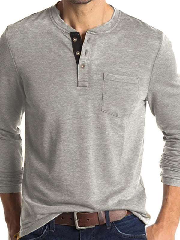 Men's solid color long-sleeved t-shirt with pocket, round neck, and knit fabric suitable for autumn and winter.
