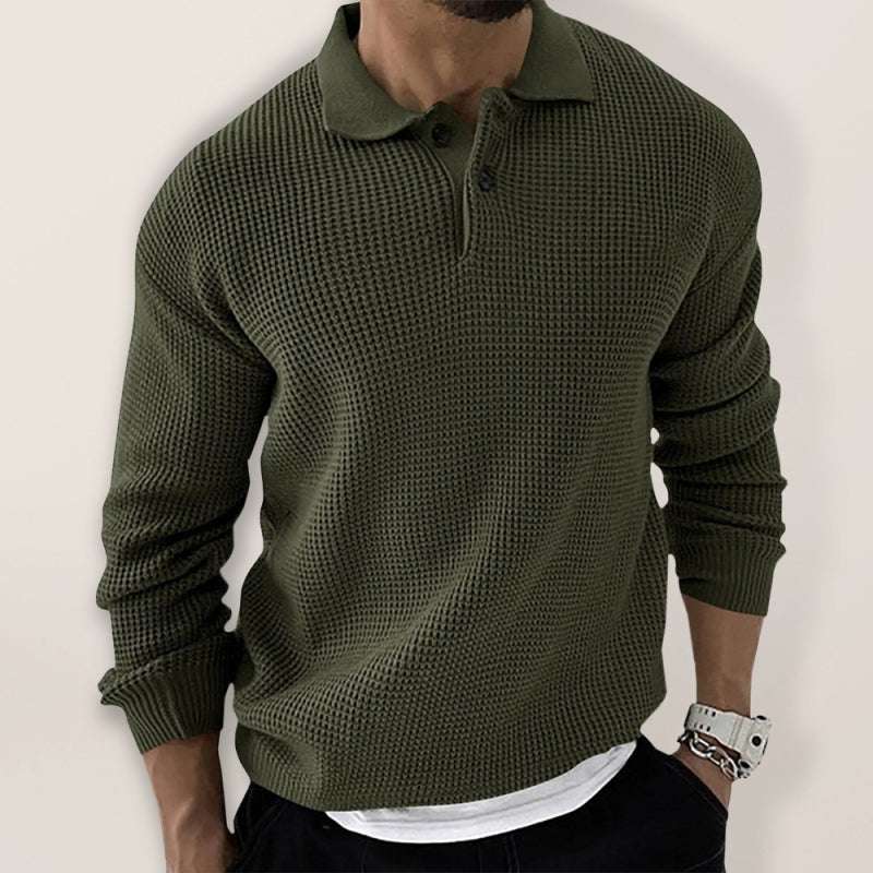 Men's urban slim long sleeve knitted sweater with lapel collar in olive green.