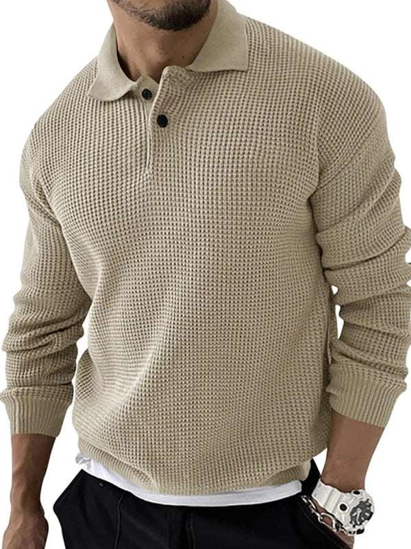 Men's urban slim long sleeve knitted sweater with lapel collar in beige acrylic fabric.