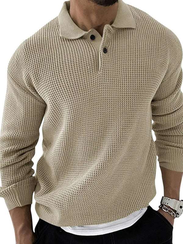 Men's fashion urban slim long sleeve knitted lapel sweater in beige, acrylic material, suitable for autumn-winter.