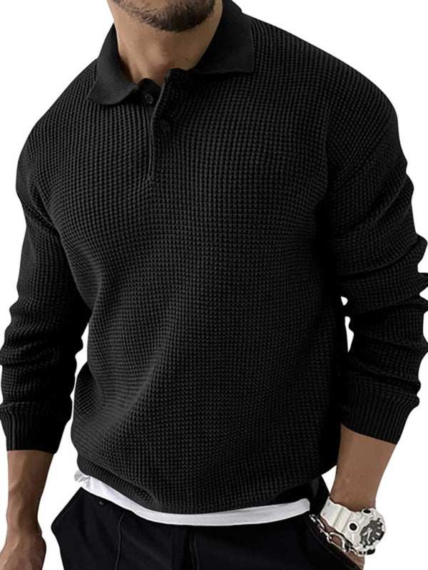 Men's fashion urban slim long sleeve black knitted sweater with lapel collar.
