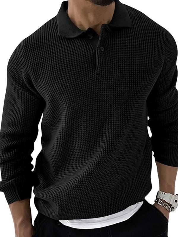 Men's fashion urban slim long sleeve knitted sweater with lapel collar, black self-design.