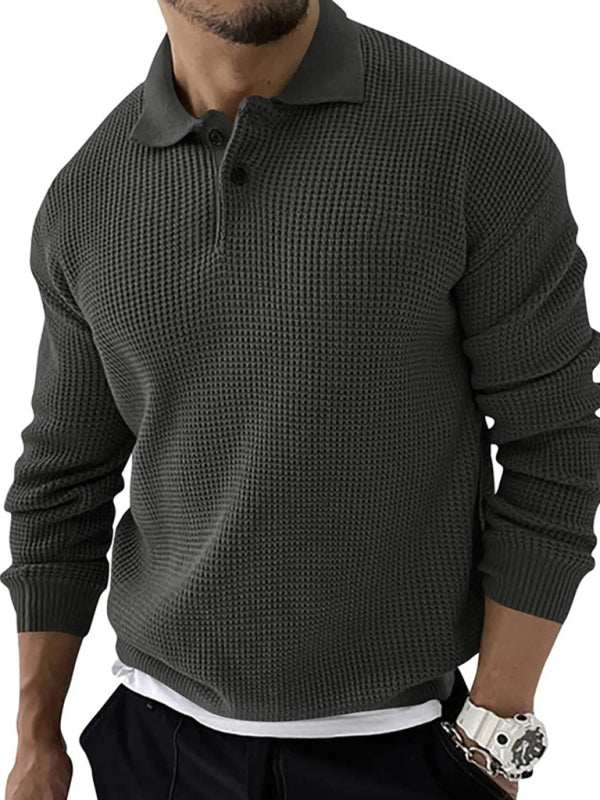 Men's fashion urban slim long sleeve knitted sweater with lapel collar, black textured design, suitable for autumn-winter.