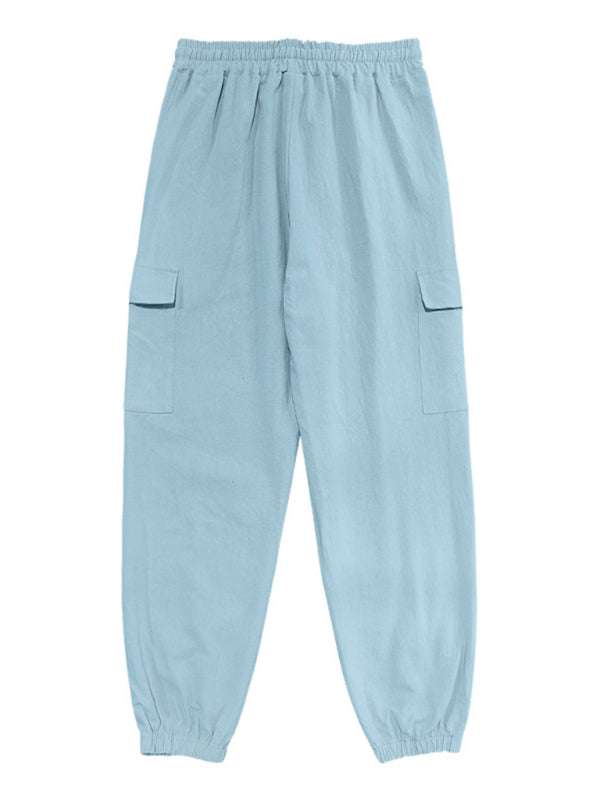 Casual cuffed multi-pocket drawstring trousers, 100% cotton, solid pattern, spring-summer style.