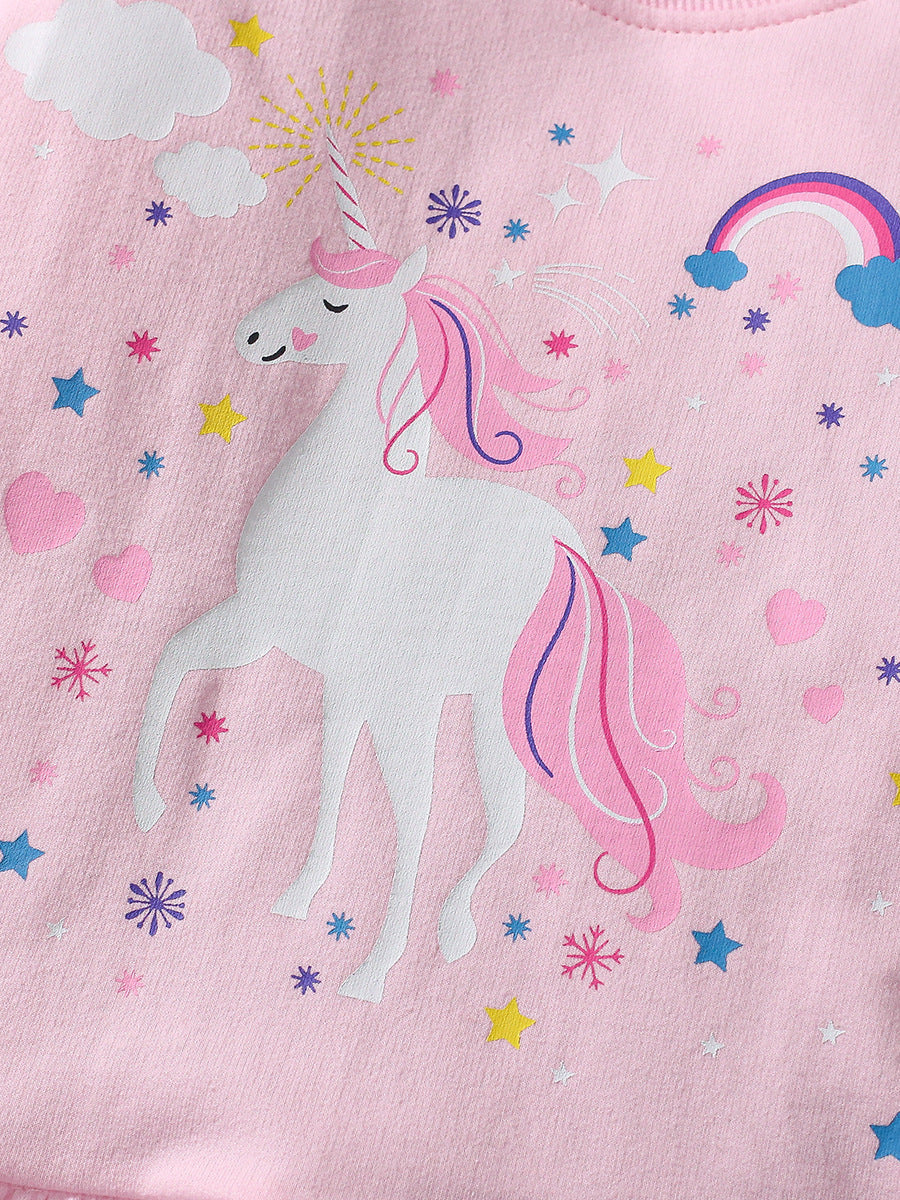 Spring And Autumn Girls Cute Cartoon Unicorn Pattern Long Sleeves Top Dress And Grey Pants Clothing Set-3