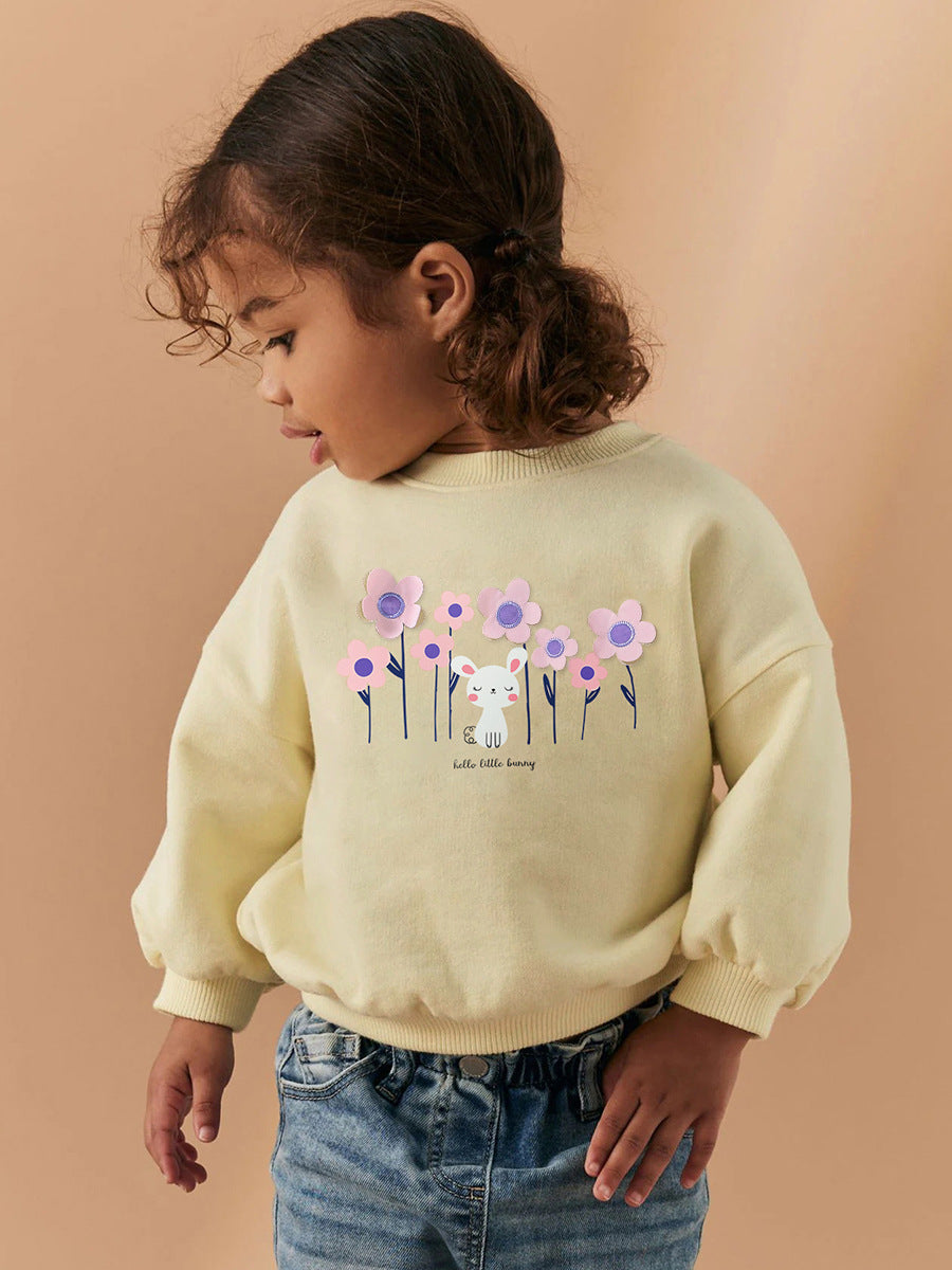 Autumn Warm Baby Kids Girls Cartoon Rabbit And Flowers Pattern Pullover Clothing Long Sleeves Top Sweatshirt-2