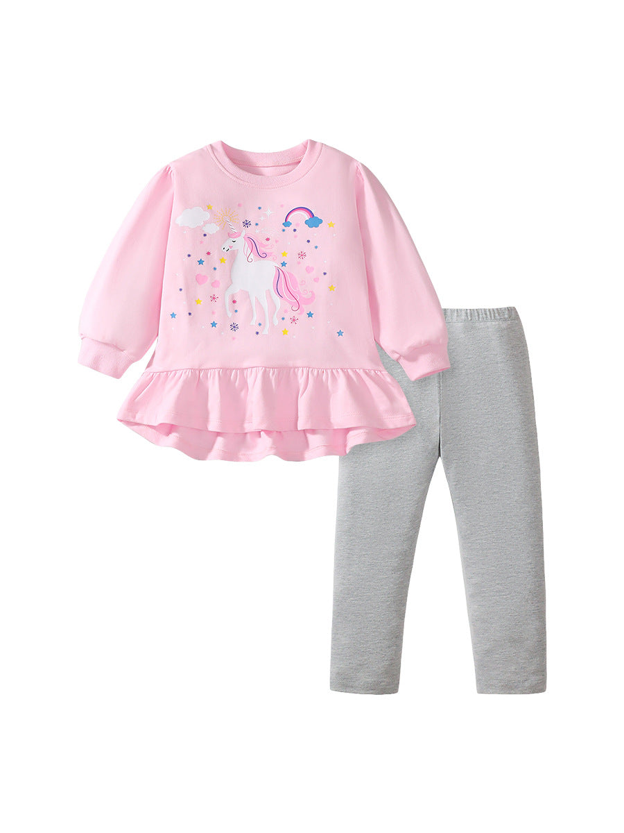 Spring And Autumn Girls Cute Cartoon Unicorn Pattern Long Sleeves Top Dress And Grey Pants Clothing Set-0